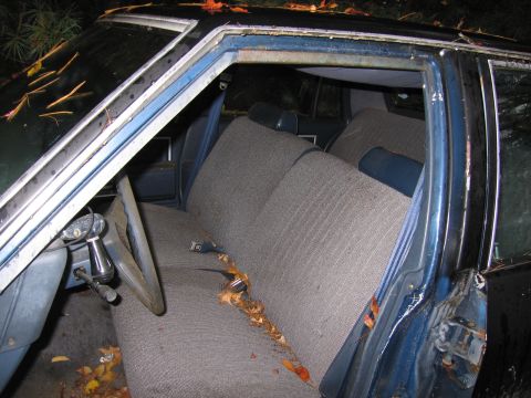 1991 Ford LTD Crown Victoria - Interior view of a blue sedan with visible wear and tear, and leaves scattered inside.