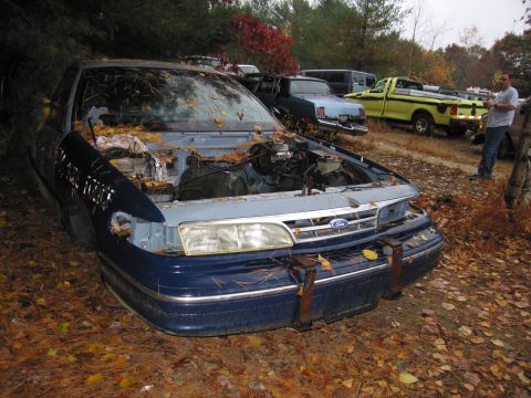 1991 Ford LTD Crown Victoria - A blue and gray Ford Crown Victoria sits in a junkyard, covered in fallen leaves, with its hood open.