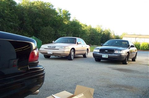 2001 Ford Crown Victoria - Two Ford Crown Victorias are parked in a lot with trees and buildings in the background.