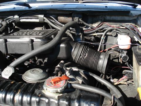 1992 Ford C-350 (Centurion Conversions) - The engine bay of a 1992 Ford C-350 (Centurion Conversions) is visible, the intake air system and radiator.