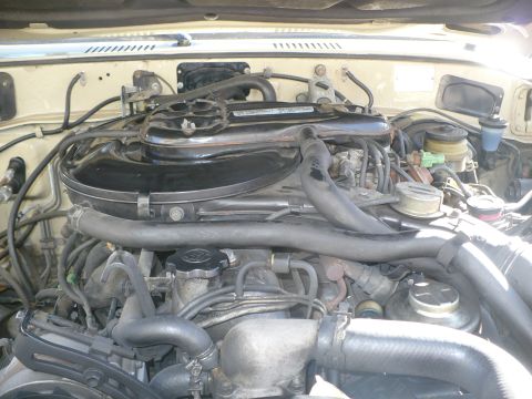 1986 Toyota Land Cruiser - The engine bay of a vehicle, showing various mechanical parts and hoses.