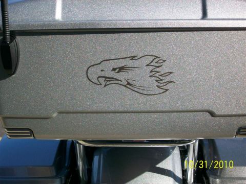 2009 Harley-Davidson FLH - A close-up of a motorcycle saddlebag shows a graphic of an eagle's head and a timestamp.