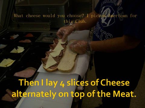 1989 Ford Bronco - A person is shown making a sandwich, layering cheese on top of meat.