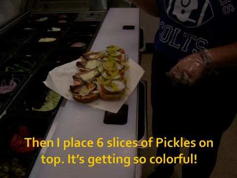 1989 Ford Bronco - Sandwich assembly in progress, with pickles added to the top layer.