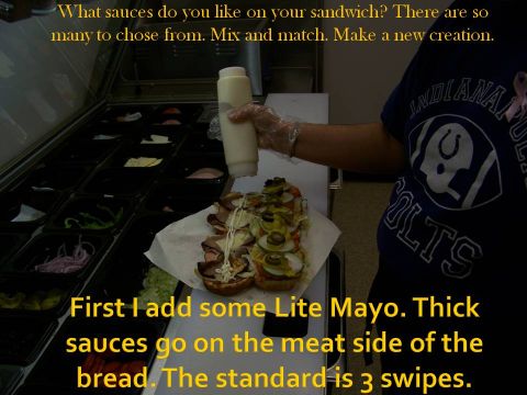 1989 Ford Bronco - A person adds mayonnaise to a sandwich at a toppings bar, with text overlay about sauces.
