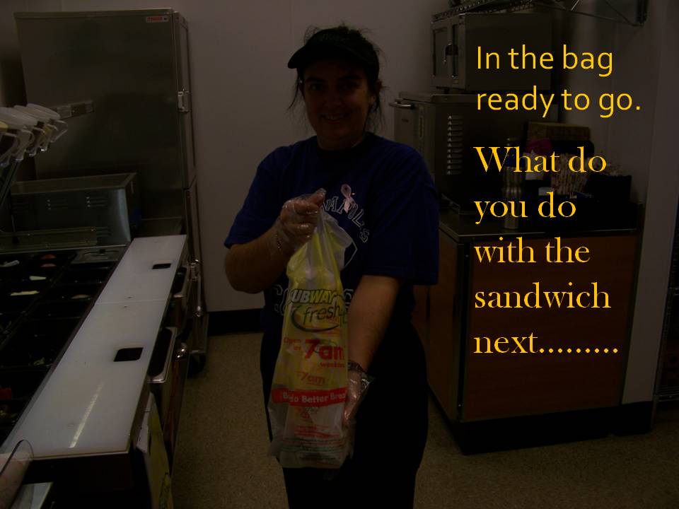 Person holding a Subway sandwich in a plastic bag