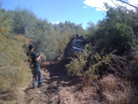 1989 Ford Bronco - A person films an off-road vehicle that appears to be stuck in thick vegetation on a sunny day.