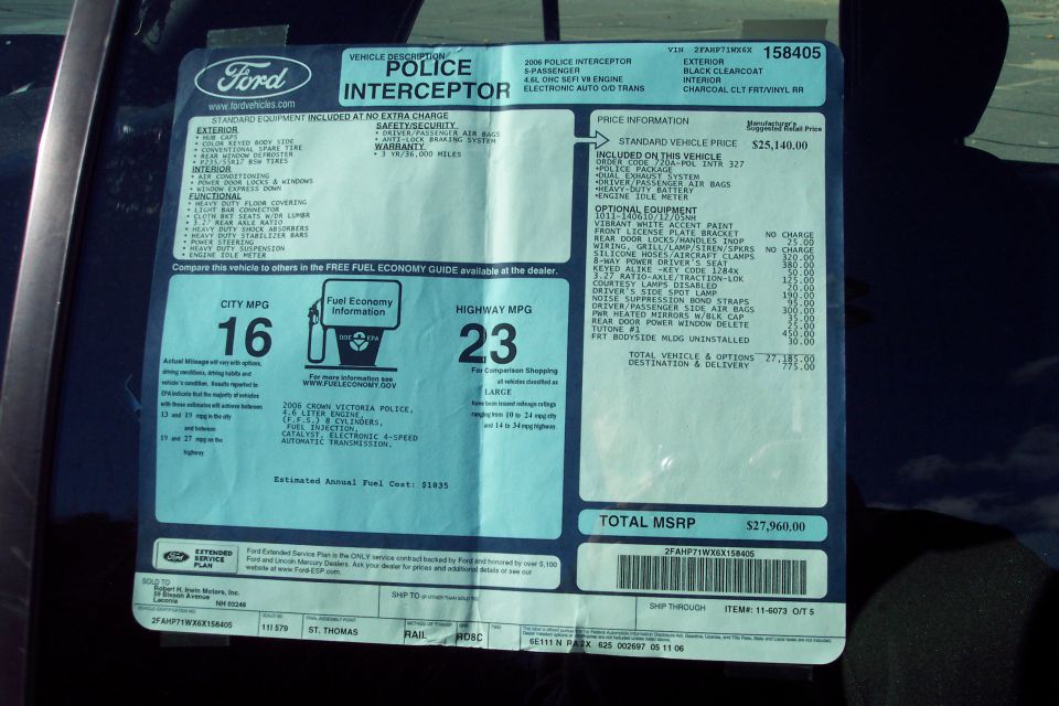 2006 Ford Crown Victoria Police Interceptor window sticker with 16 city and 23 highway MPG