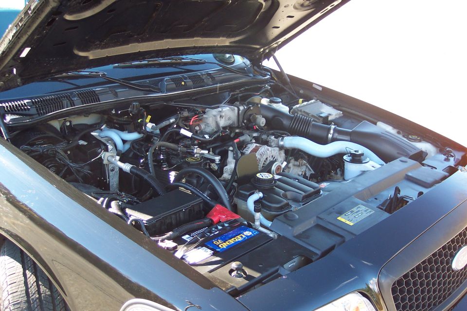 2001 Ford Crown Victoria engine bay with hood open
