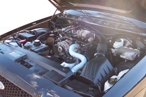 2001 Ford Crown Victoria - The engine compartment of a 2001 Ford Crown Victoria is displayed with the hood open, revealing the motor and associated components.