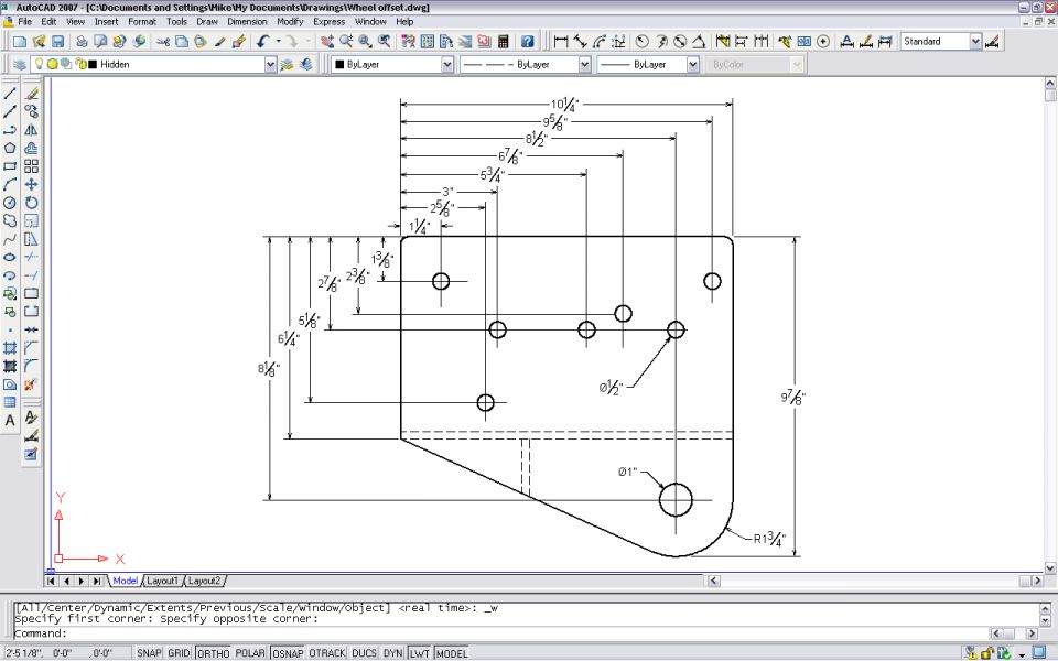 AutoCAD dimensioned drawing of a multi-hole mounting plate