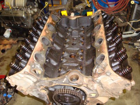 1989 Ford Bronco - Close-up view of an engine block, showing internal components and valve train assembly.