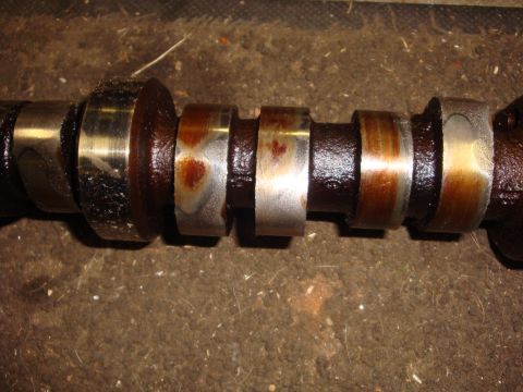 1989 Ford Bronco - Close-up of a used camshaft showing wear on the lobes and bearing journals.