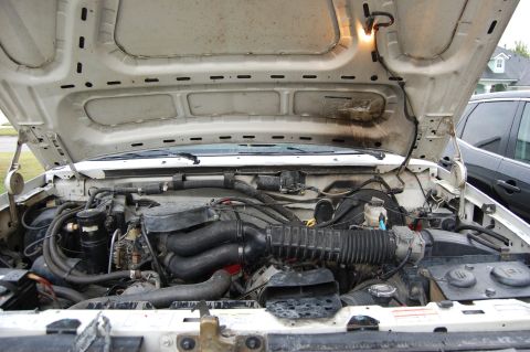 1994 Ford Bronco - The engine bay of a white 1994 Ford Bronco is visible with the hood open.