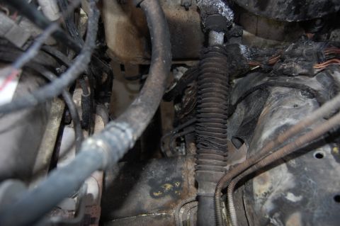 1994 Ford Bronco - The engine bay shows significant damage from what appears to be a fire, with melted and burnt components visible.