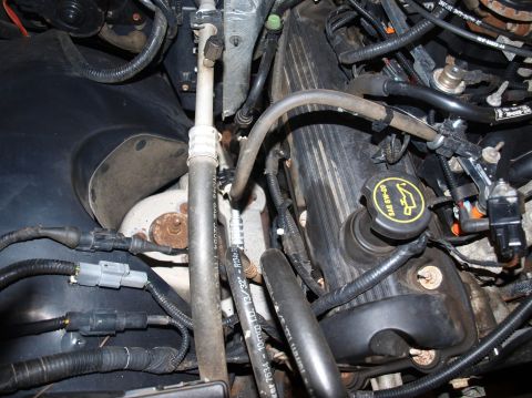 1998 Ford Crown Victoria - Tight engine-bay detail of a black plastic valve cover with its yellow SAE 5W-20 oil filler cap, surrounded by coil-on-plug connectors, wir…