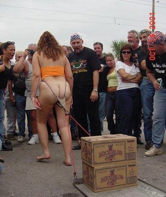 1981 Ford Bronco - A woman in minimal attire is led by a leash attached to stacked beer boxes in front of a crowd.