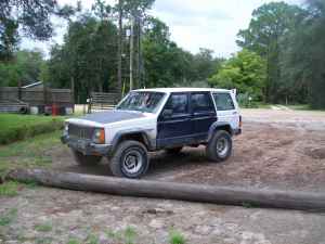1992 Jeep Cherokee - This Jeep Cherokee is parked in an outdoor setting with trees and a building in the background.