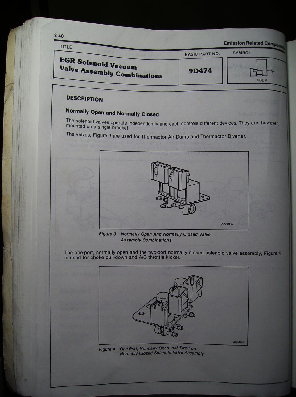 EGR solenoid vacuum valve assembly combinations 9D474, normally open and closed, page 3-40
