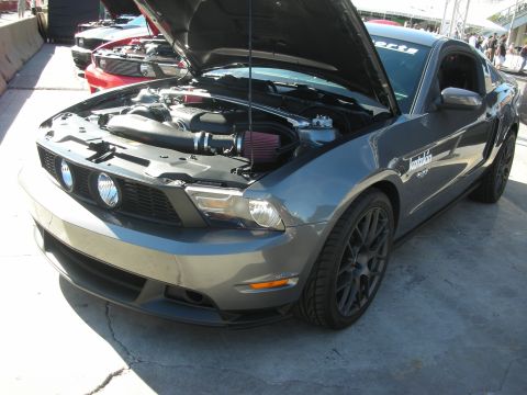 1998 Ford Crown Victoria - gray Ford Mustang coupe with its hood up reveals a supercharged engine while parked on display at an outdoor car show.