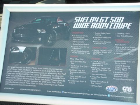 1998 Ford Crown Victoria - framed spec placard titled 'Shelby GT 500 Wide Body Coupe' listing engine and feature details.