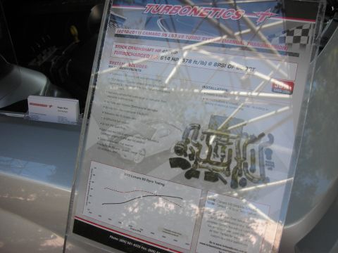 1998 Ford Crown Victoria - laminated Turbonetics turbo-system spec poster for a Camaro propped against a car at a vendor display.