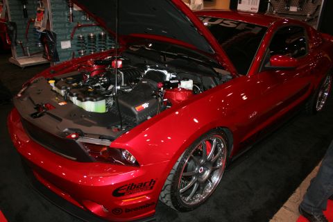 1998 Ford Crown Victoria - dark red modern Mustang sits with its hood up at an indoor show, wearing Eibach and Brembo decals on multi-spoke wheels.