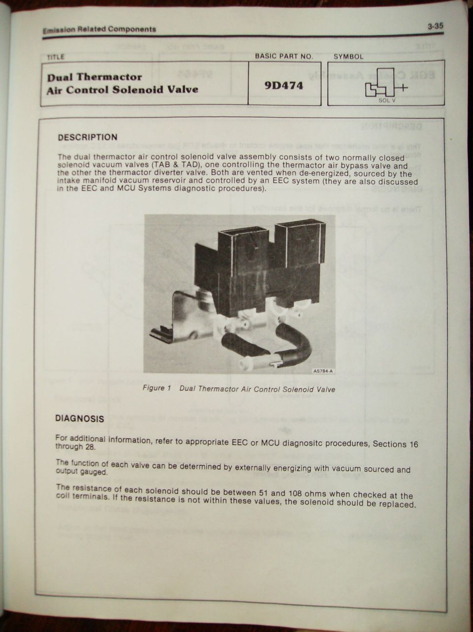 Service manual page 3-35 on the Dual Thermactor Air Control Solenoid Valve, basic part no. 9D474, with photo