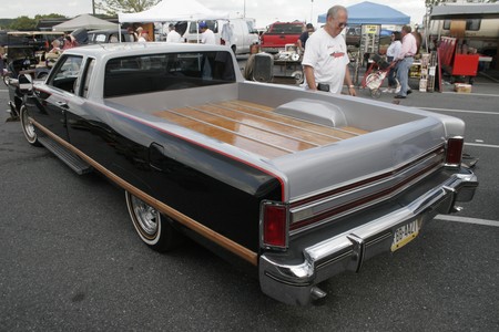 1972 Ford Ranchero - Custom 1977 Lincoln Continental Mark V pickup conversion shows off its wood-paneled bed.