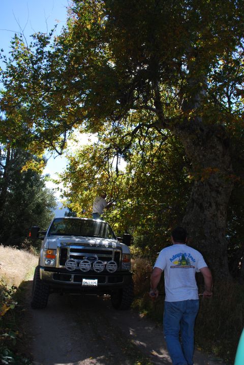 1996 Ford Bronco - A man stands near a Ford truck on a dirt road, with another person visible on top of the truck.