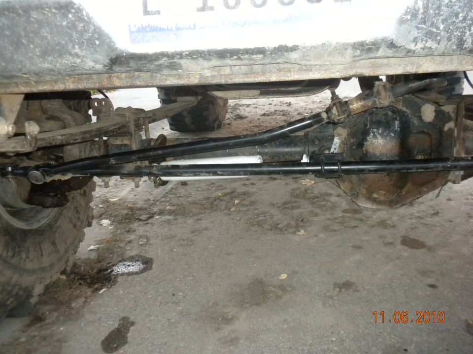 Undercarriage view of a vehicle's steering linkage and rear axle assembly
