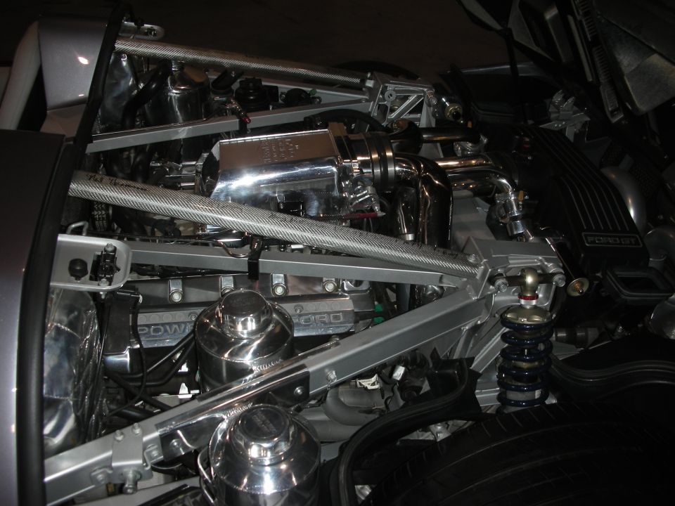 Ford GT engine and rear suspension with carbon braces and coilover shocks