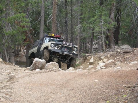 1986 Ford Bronco - This heavily modified SUV is tackling a challenging off-road path through a dense forest.