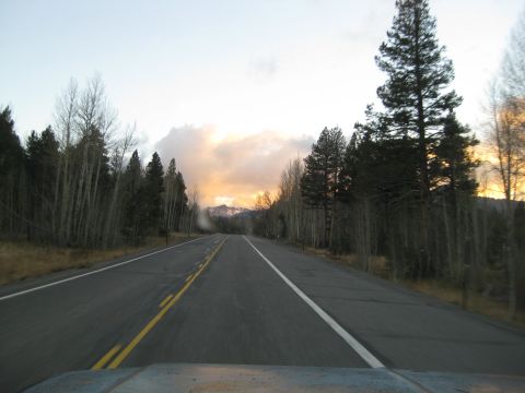 1986 Ford Bronco - Driving down a highway surrounded by trees as the sun sets in the distance.