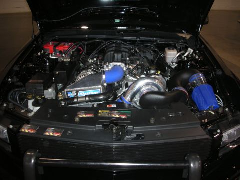 1998 Ford Crown Victoria - black vehicle's engine bay with a polished supercharger, blue intake tubing and a MaxFlow-labeled cover, hood raised.