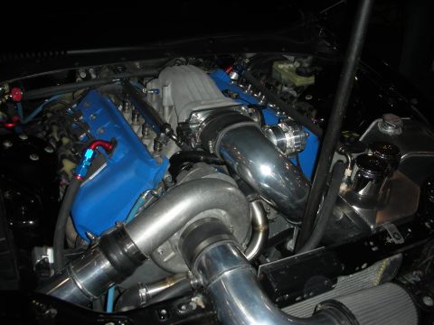 1998 Ford Crown Victoria - supercharged engine with blue valve covers, a belt-driven blower and polished intake piping in a dim engine bay.