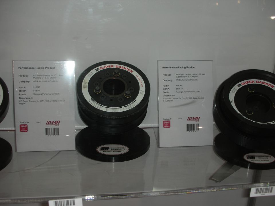 ATI Super Damper harmonic balancers on display with SEMA product cards