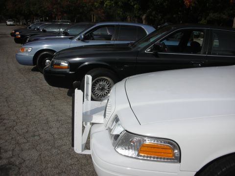 2004 Ford Crown Victoria - A line of Ford Crown Victoria sedans, including a white one with a push bumper, are parked in a lot.