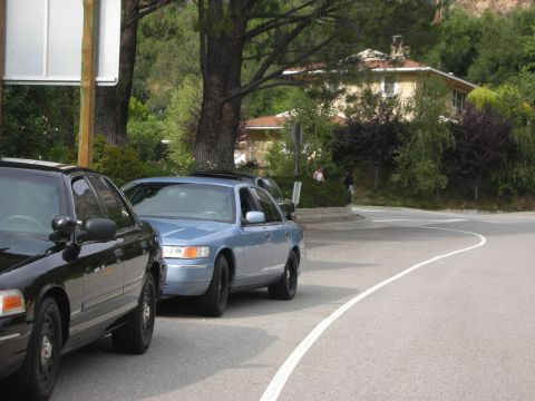 2004 Ford Crown Victoria - Two Ford Crown Victorias are parked on a road with a house and trees in the background.