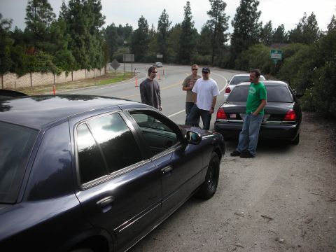 2004 Ford Crown Victoria - Several men stand around two Ford Crown Victorias parked on the side of a road in a wooded area.