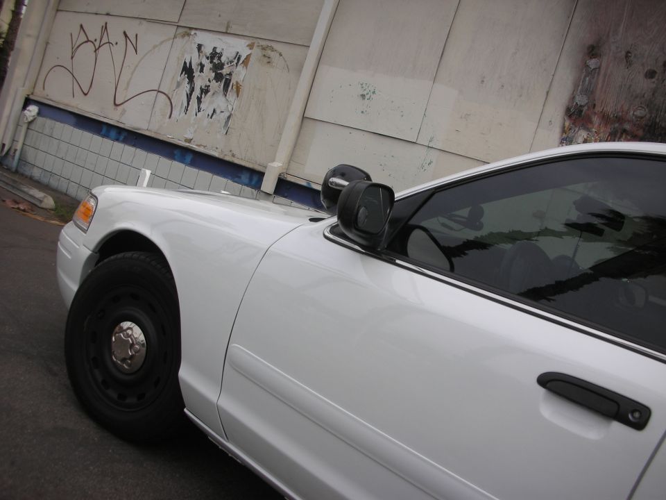 White 2004 Ford Crown Victoria, front fender and driver's side door visible, black steel wheels