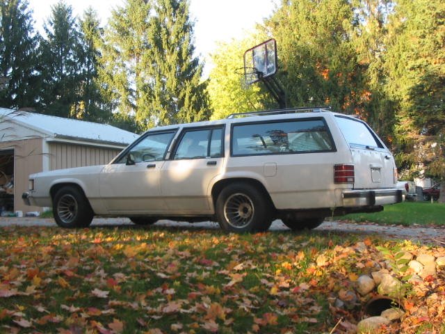 White station wagon parked on a lawn with fallen leaves, side view