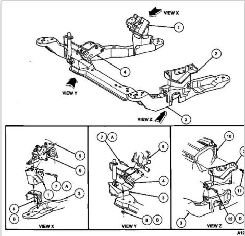 1993 Ford Taurus - This diagram illustrates a vehicle's subframe assembly, detailing various components and their assembly points.