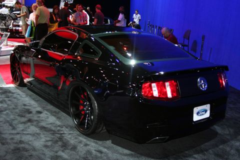 1998 Ford Crown Victoria - Rear three-quarter of a glossy black Ford Mustang coupe with red-accented wheels and a Ford license plate against a blue wall.