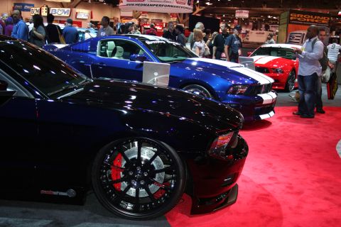 1998 Ford Crown Victoria - lineup of customized Ford Mustang coupes, including black, blue-striped and red examples, on red carpet at a packed show.
