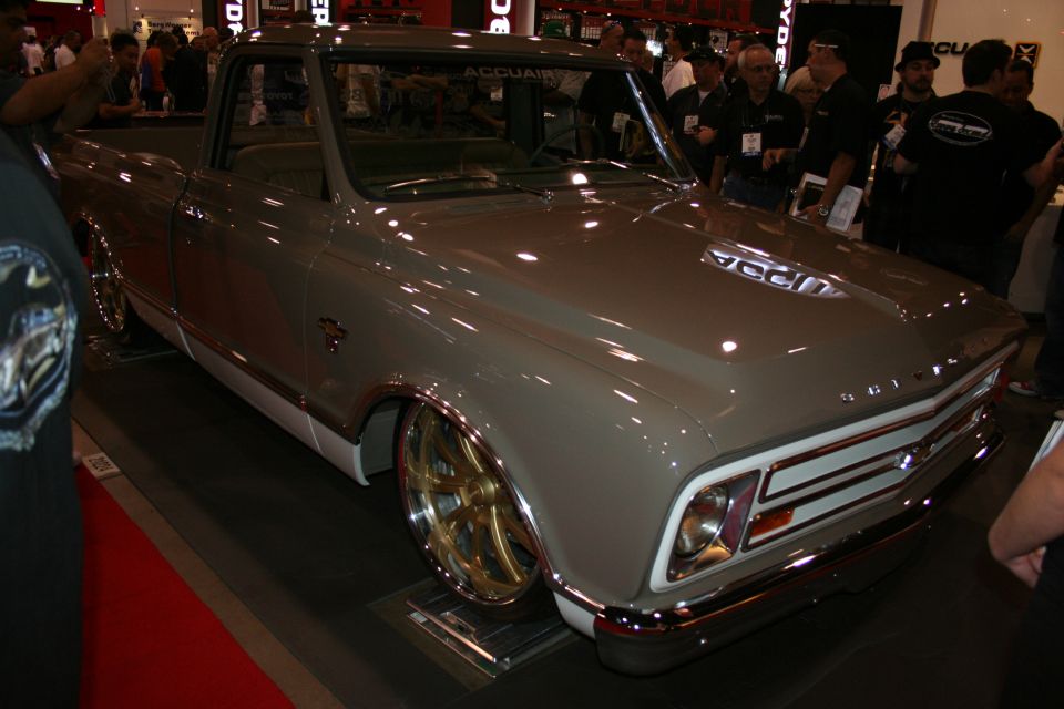 Front three-quarter of a lowered gray custom classic Chevrolet pickup