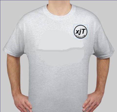 1992 Jeep Cherokee - A t-shirt displays two logos: one circular with text and another rectangular one at the hem.