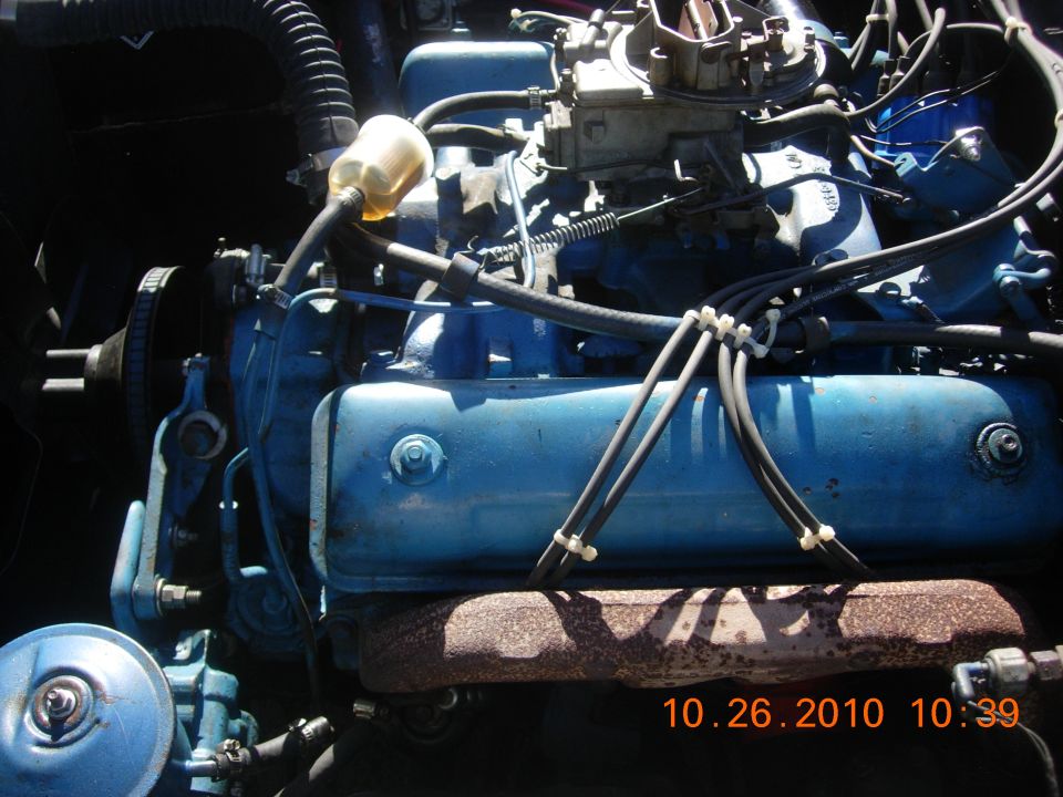 Blue Ford V8 engine in an engine bay with carburetor and plug wires