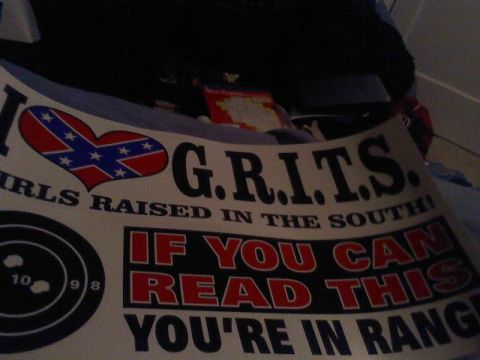 1992 Ford Bronco - Sticker displays text and a confederate flag heart, with a warning for those who can read it.