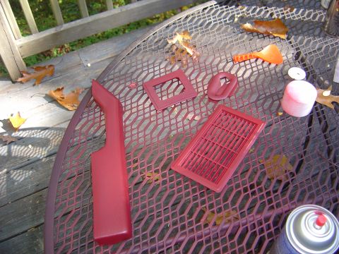 1986 Ford Bronco - Armrest, Speaker grill, and power window switch trim coated with ColorBond. (I repainted the table Black when I was done)